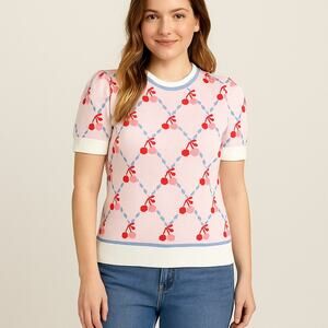 Oddi SZ 1XL Cherry Argyle Patterned Short Sleeve Sweater NWT